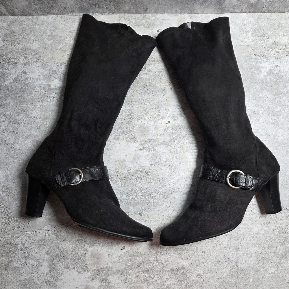 Predictions Black Heeled Boots with Buckle Soft Faux Seude Size 11